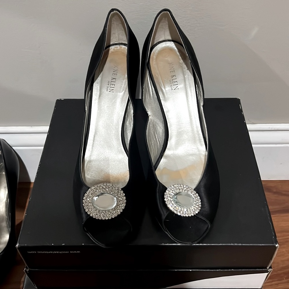 Black open toe anne Klein heels with crystal embellishment